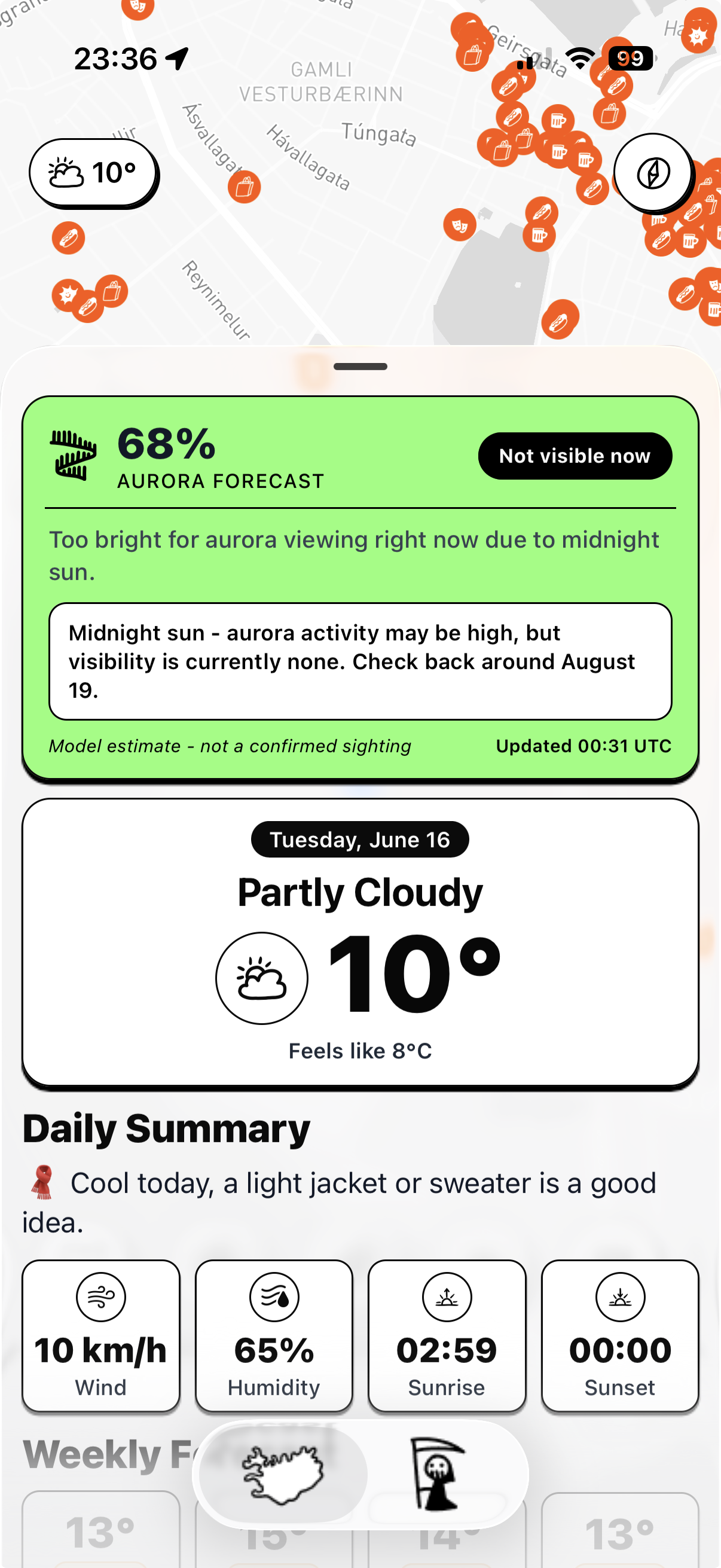 Live aurora forecast and Reykjavík weather summary