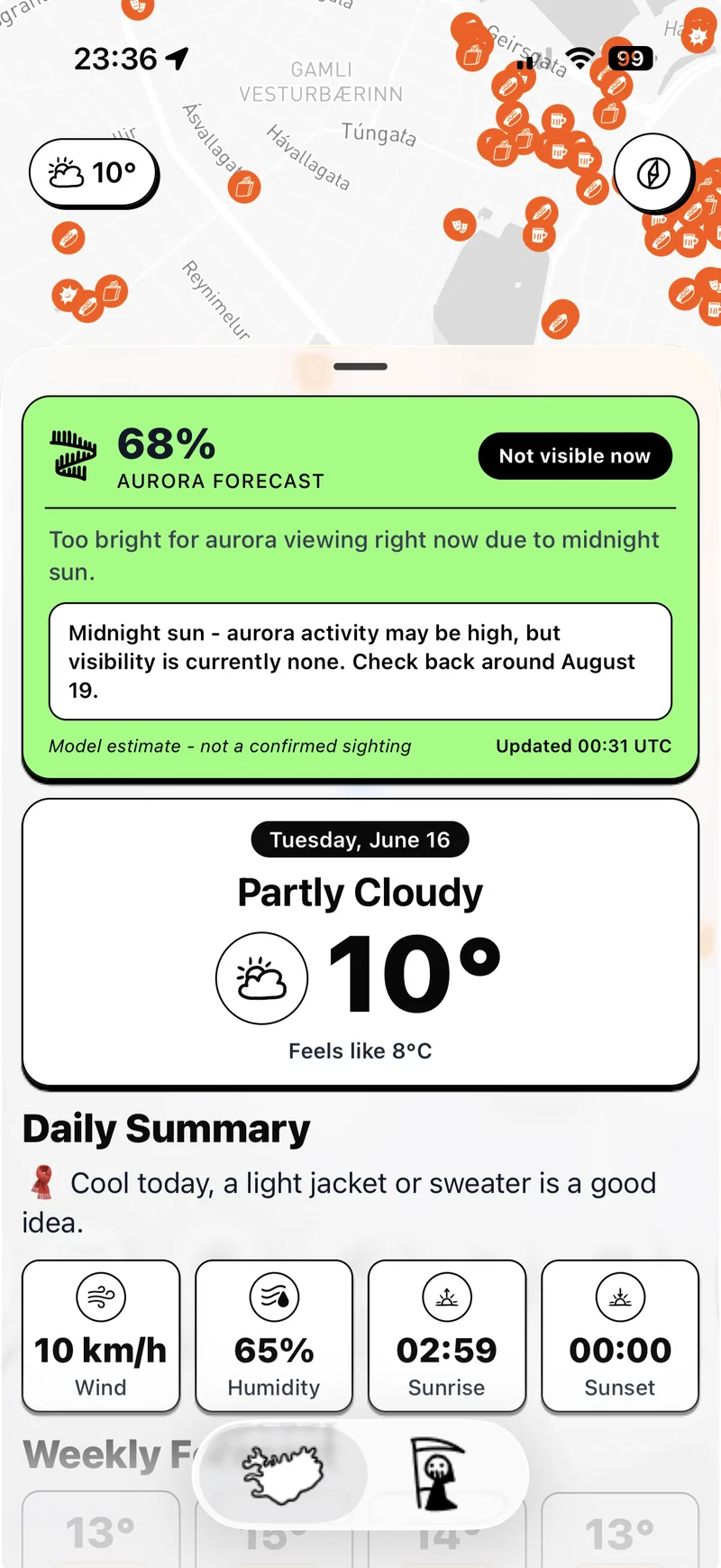 Live aurora forecast and Reykjavík weather summary