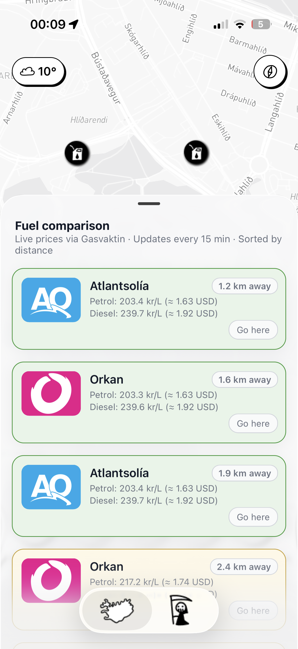 Live fuel price comparison across Atlantsolía, Orkan and others