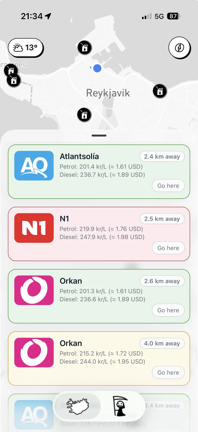 Live fuel price comparison across Atlantsolía, Orkan and others