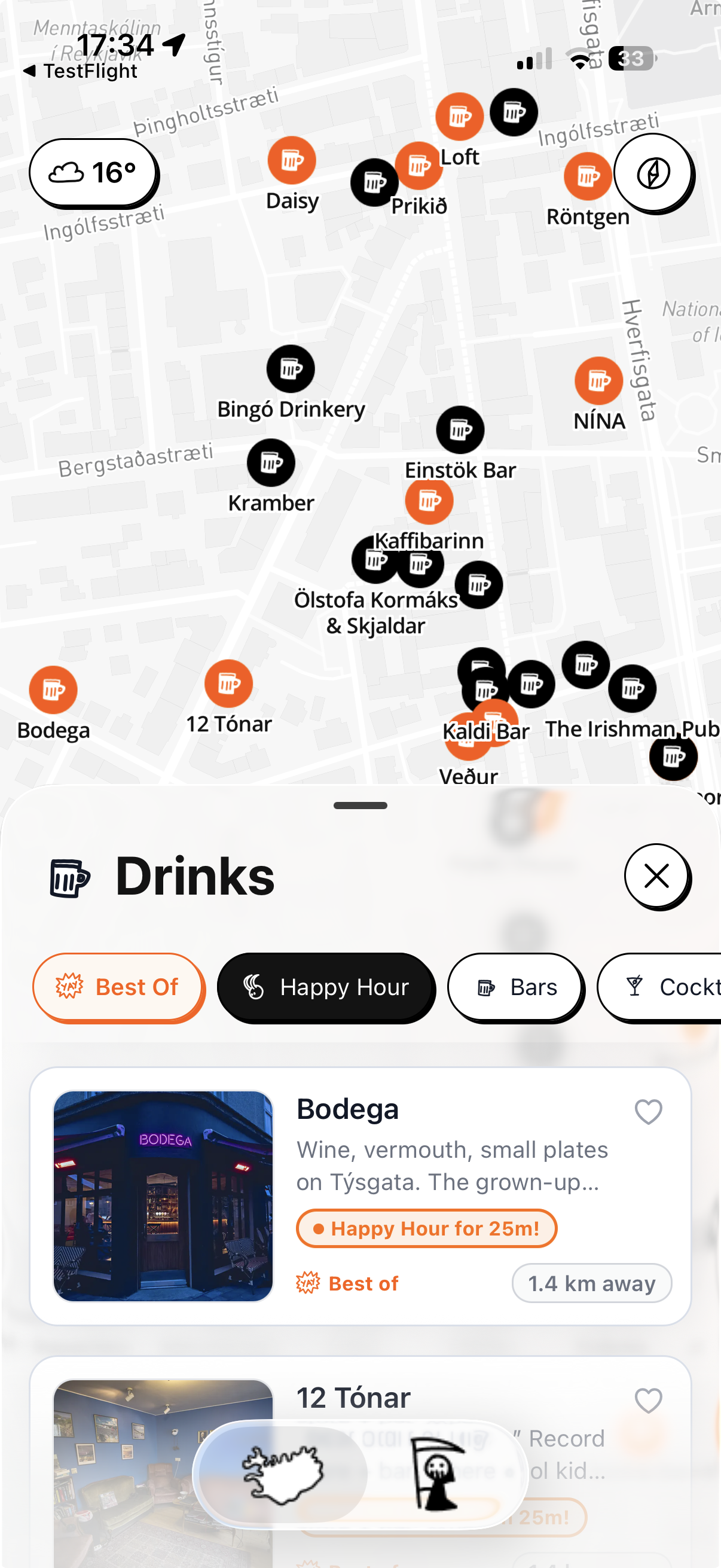 Live happy hour countdowns at Reykjavík bars