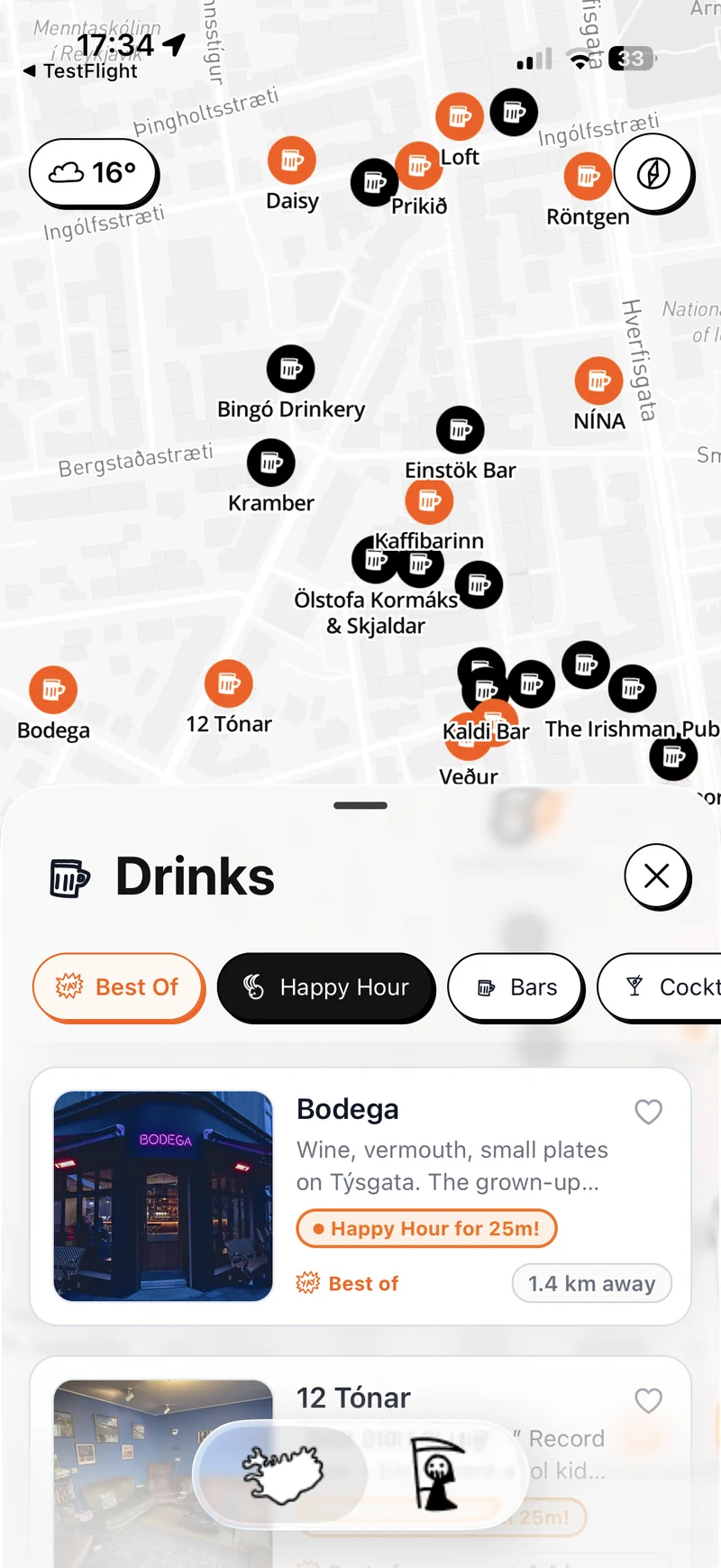 Live happy hour countdowns at Reykjavík bars