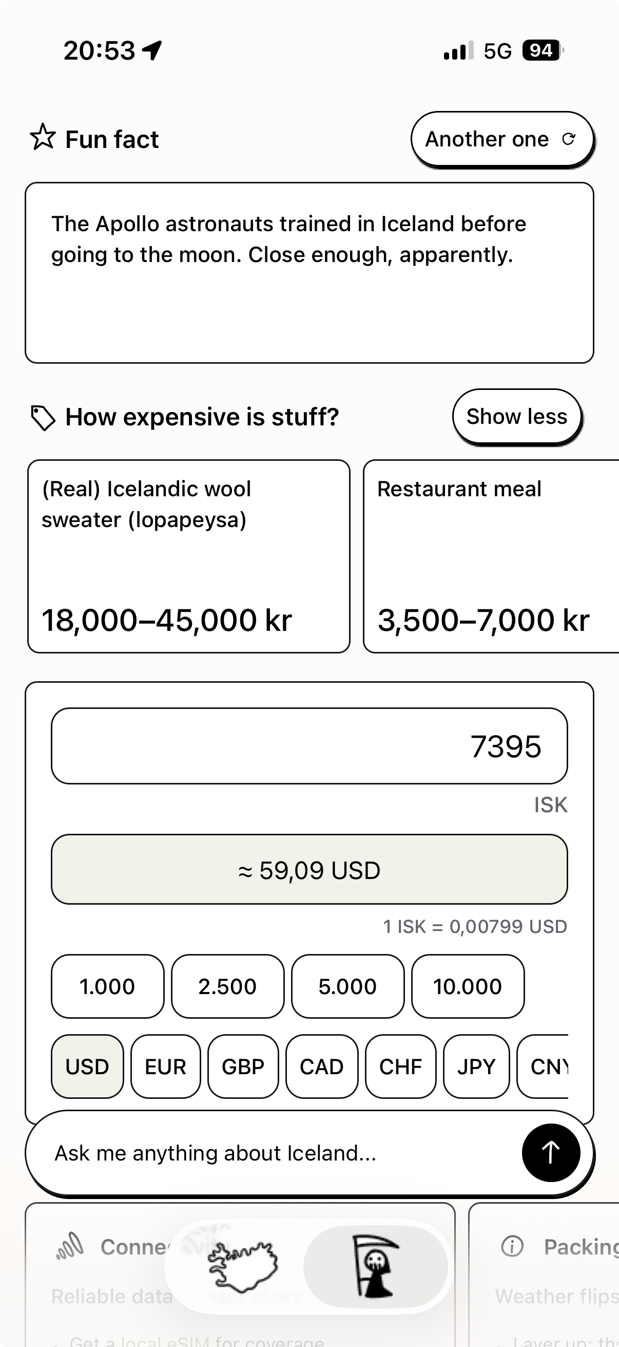 Currency calculator, fun facts and Icelandic phrases