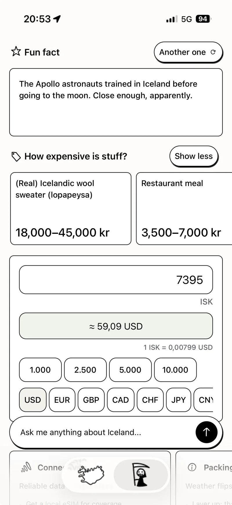 Currency calculator, fun facts and Icelandic phrases