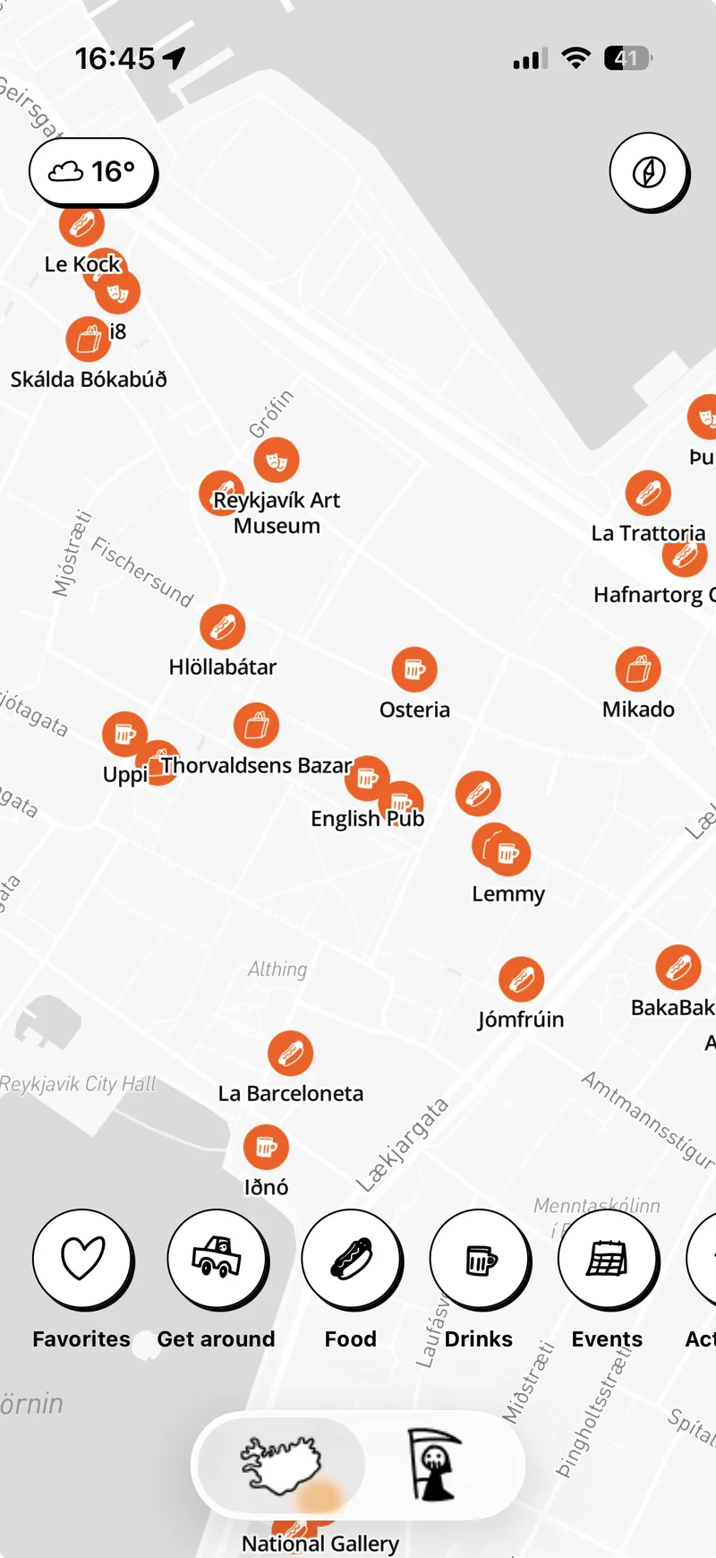 Icebreaker map showing curated places in Reykjavík