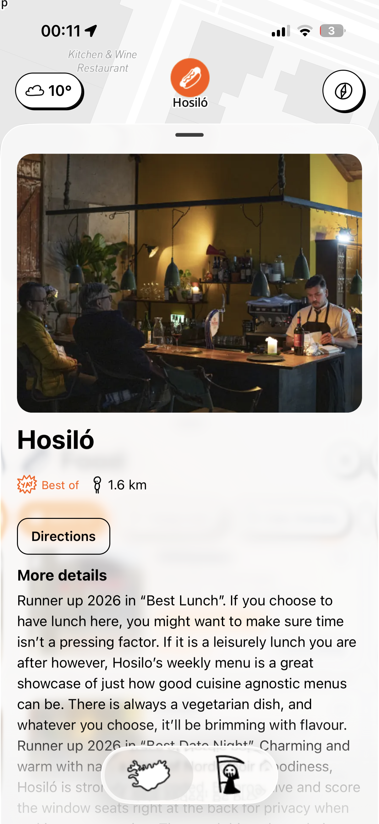 A curated venue card with editor's note about Hosiló